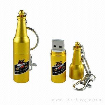 Bottle USB Flash Drives, Free Keychain/Metal Housing, CE Mark, Available in Various Oxidation Colors